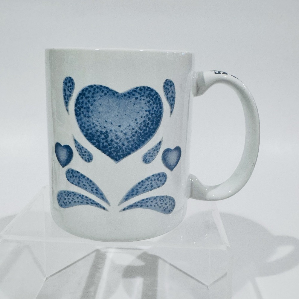 Vintage Blue‎ Sponge Heart Coffee Mug Cup Jay Thailand Country Cottage Core
